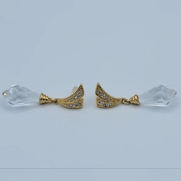 Vintage Gold Tone Earrings Crystal Teardrop #2271 - Picture 6 of 10